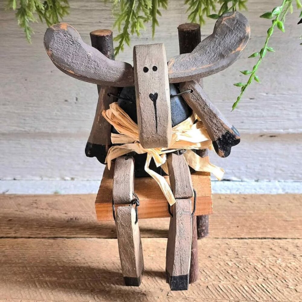 Primitive Distressed Wooden Moose with Log Chair Figurine Northwoods Cabin Decor